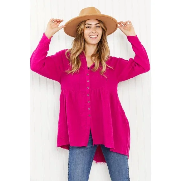 Hazel Blues Bright and Airy Raw Edge Peplum Shirt with Pockets - Picture 3 of 7